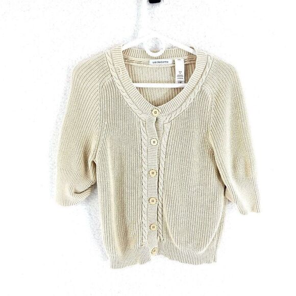 Liz‎ Claiborne Tan Cable Knit Sweater Medium 8/10 Cotton Button Butterfly Sleeve - Picture 1 of 8